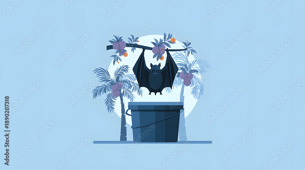 Fototapeta premium Fruit bat hanging from tropical branch above bucket at dusk with palm tree silhouette and soft moonlight, calm whimsical scene