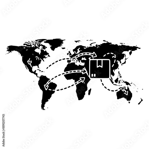Global shipping logistics icon representing international trade routes and worldwide delivery of goods with arrows.