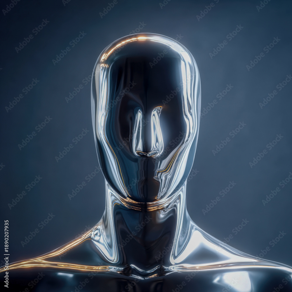 custom made wallpaper toronto digitalReflective liquid-metal humanoid statue posed against dark background in sci-fi style