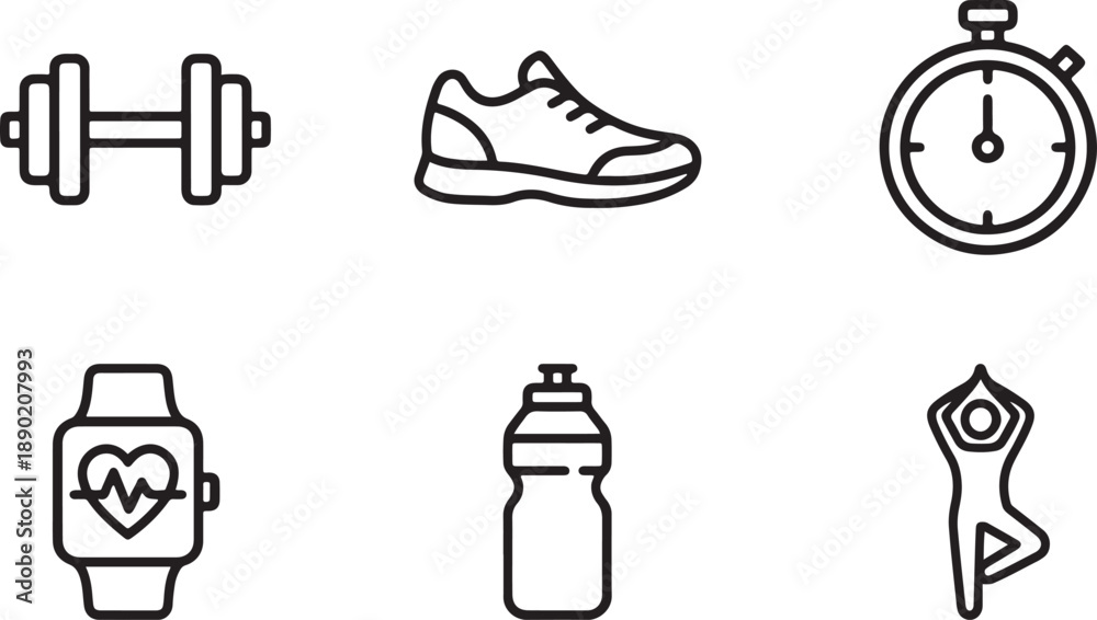 Fototapeta premium A collection of minimal line icons representing various elements of fitness and healthy lifestyle Vector