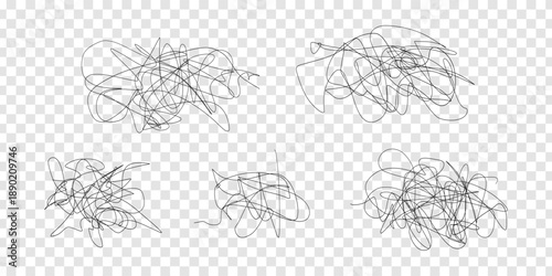 Messy pen scratch abstract scribble set with chaotic hand drawn ink lines on transparent background. Random doodle strokes, tangled sketch marks for design elements, creative overlays, notes