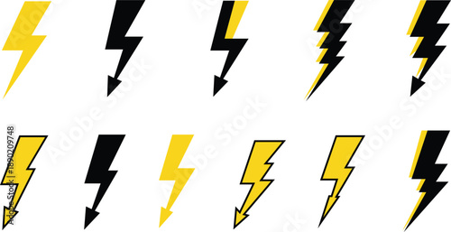 Collection of yellow and black lightning bolt with sharp edges symbol electricity