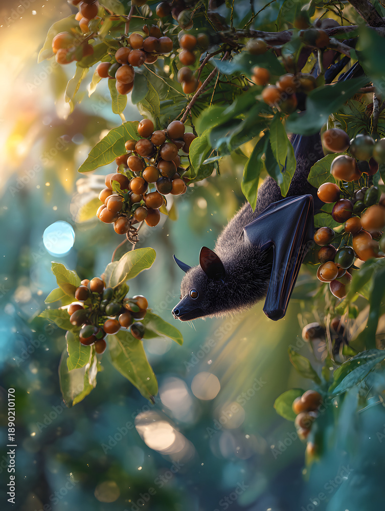 Fototapeta premium Fruit bat feeding on ripe fruit at dusk among leafy branches, warm light and soft bokeh creating peaceful wildlife scene