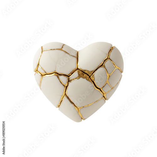 White ceramic heart repaired with gold kintsugi cracks
