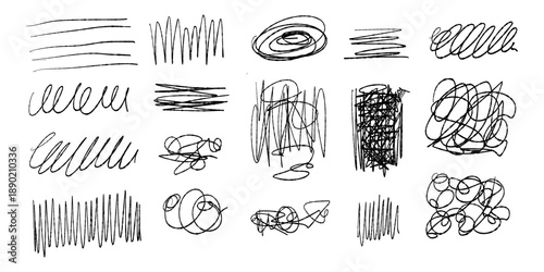 Messy pen scribbles and random squiggle textures, expressive doodle strokes with tangled line art for grunge illustration and abstract sketch designs. Vector illustration
