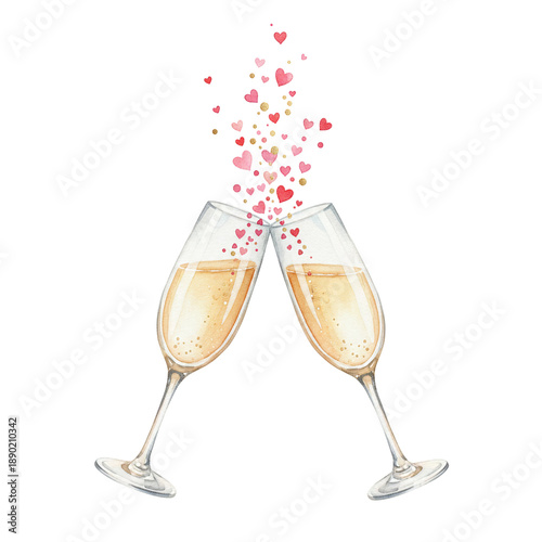 Watercolor champagne toast with pink floating hearts