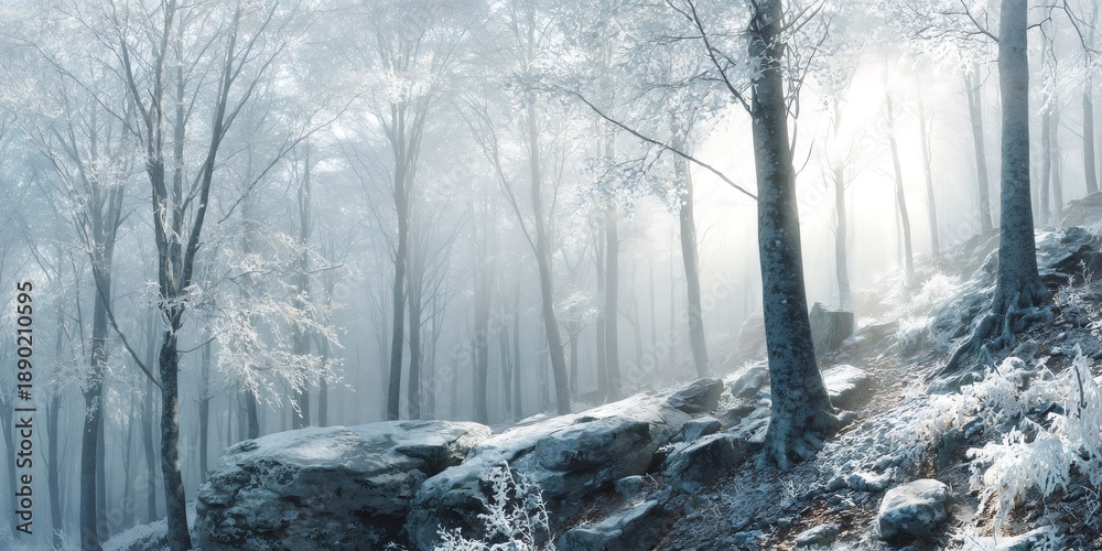 Fototapeta premium Frozen forest path winding through misty winter trees