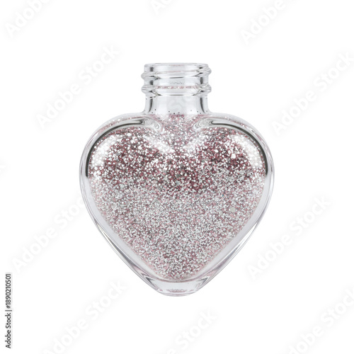 Clear glass heart-shaped bottle filled with pink glitter
