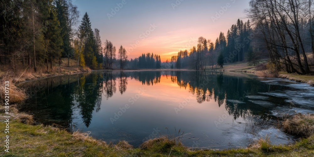 Fototapeta premium Lake reflecting forest at sunset with ice
