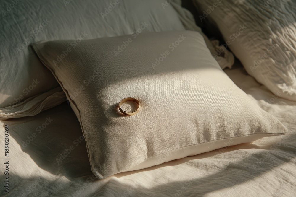 Fototapeta premium Interior bedroom scene with empty pillow and wedding ring on folded fabric representing widowhood and life after spouse death, ideal for grief loss memory and bereavement mental health concept.