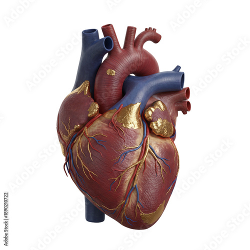 Anatomical heart model featuring gold kintsugi repairs