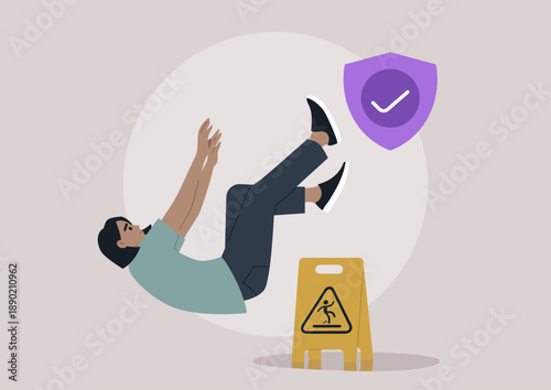 A character tumbles unexpectedly, illustrating the theme of liability insurance, A caution sign suggests potential danger, emphasizing the importance of safety