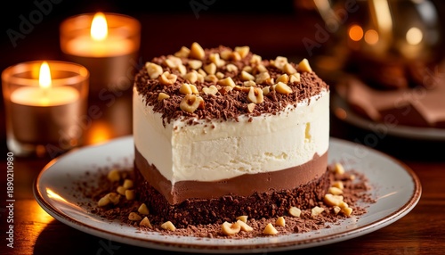 A beautiful birthday cake with layers of nuts is on the table with candles.
