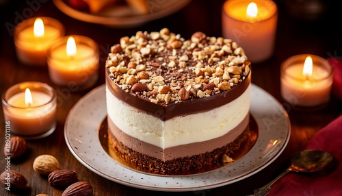 A beautiful birthday cake with layers of nuts is on the table with candles.