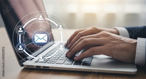Person typing on laptop with email interface on screen in a modern office setting from a close-up viewpoint
