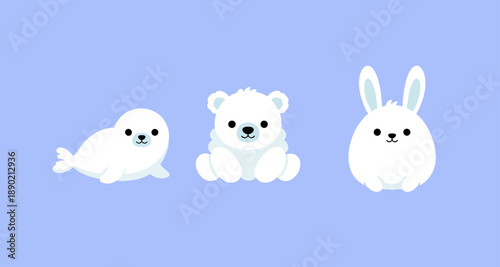 Adorable set of cute white arctic animals including seal polar bear and rabbit sitting on blue background for winter and northern wildlife concept