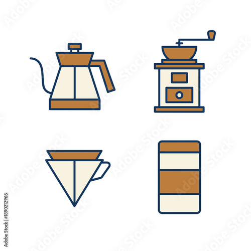Minimalist coffee brewing equipment icons including gooseneck kettle manual grinder dripper and coffee bag for cafe and barista workshop concept