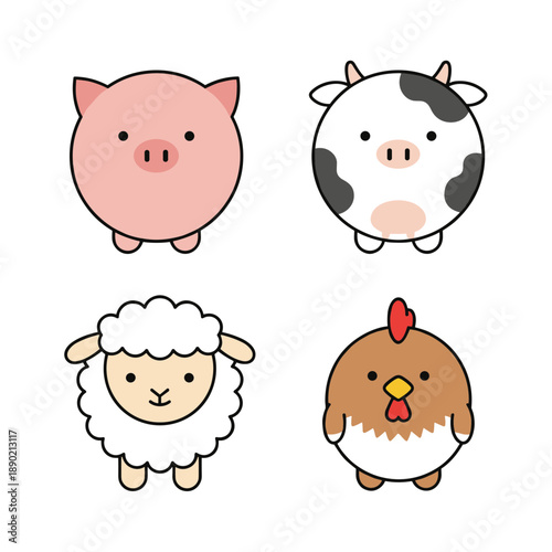 Simple flat design of round farm animals including pink pig cow white sheep and brown chicken isolated icons for nursery and educational use