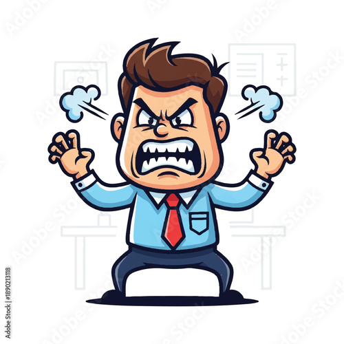 A cartoon man in a blue shirt and red tie is furious, screaming with fists raised in an office setting.