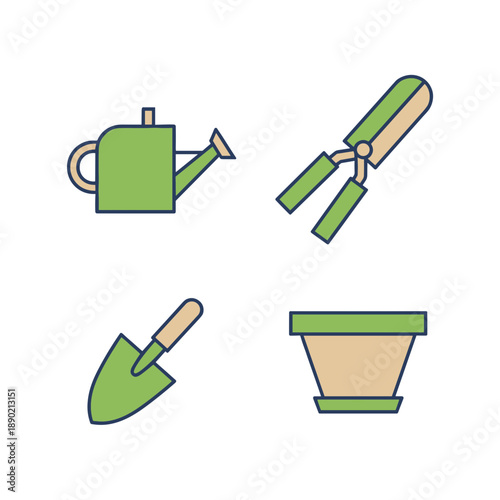 Green and beige gardening tool icons set featuring watering can hedge shears hand trowel and flower pot for garden maintenance and hobby design