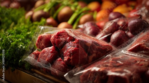 Raw meat cuts on market display with fresh vegetables and herbs for culinary presentation and butcher advertisement