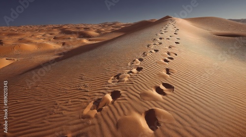 Footprints in the sand leading up a sand dune, with a clear blue sky in the background.
