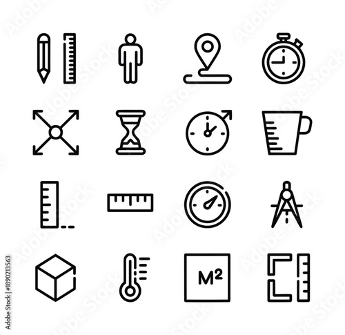 A collection of vector icons featuring tools for measurement and timekeeping in a clean design