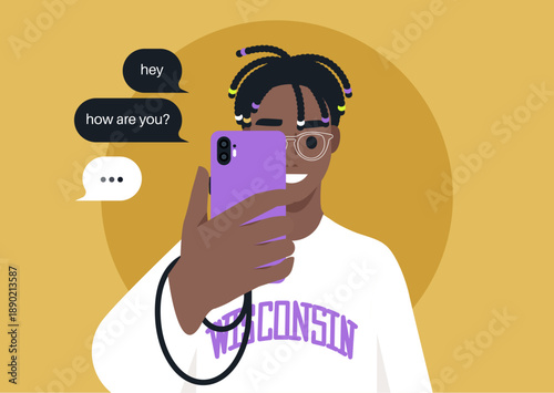 A cheerful figure holds a smartphone and engages in a lively conversation, the background is vibrant, creating a warm atmosphere for connection and communication