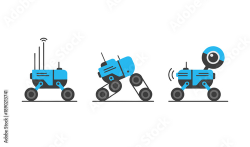 Modern blue robotic vehicles and mars rover icons set with different functions for space exploration and automated technology future concept