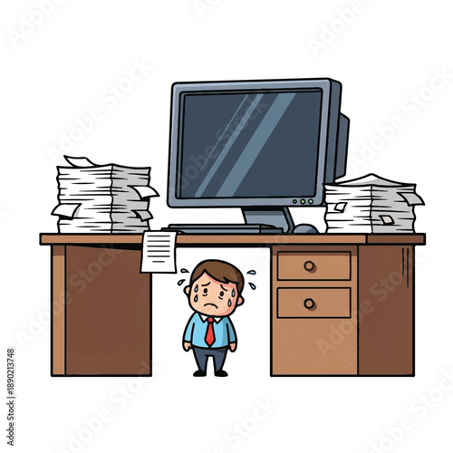 Man standing stressed in front of a computer surrounded by paperwork on a desk