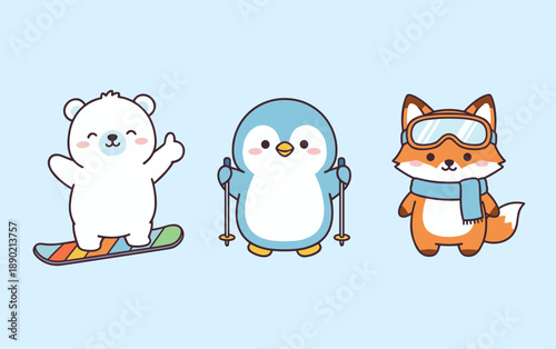 Cute kawaii winter animals set including polar bear on snowboard penguin with ski poles and fox wearing goggles and scarf for winter sports