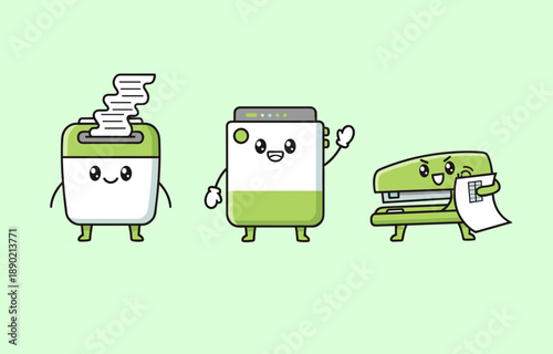 Kawaii office supplies characters including printer stapler and document scanner with cute faces for business productivity and stationery design