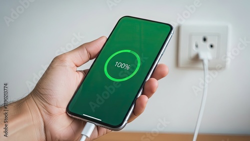 Hand holding smartphone displaying 100% battery charge while plugged in at home