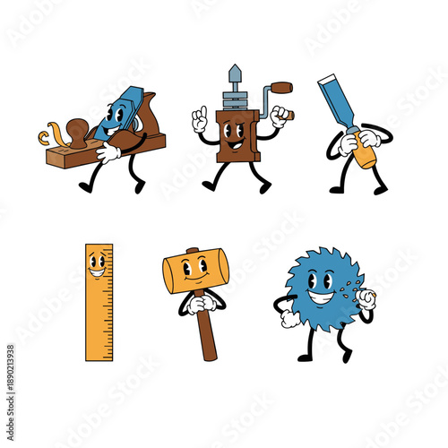 Retro cartoon mascot characters of woodworking tools including hand plane, drill, chisel, ruler, wooden mallet, and circular saw blade
