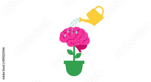 Illustration of a pink brain growing from a green plant pot with a yellow watering can pouring water on it symbolizing growth and development of the mind