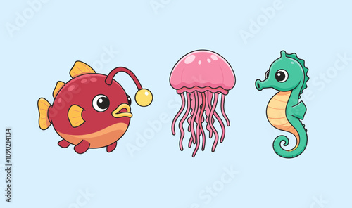 Set of Cute Sea Animals Including Anglerfish Pink Jellyfish and Seahorse, Kawaii Underwater Marine Life Characters Isolated Vector Illustration