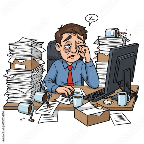 A stressed office worker surrounded by piles of paperwork and coffee cups on a cluttered desk viewed from the side