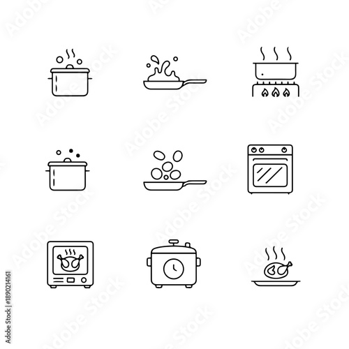 Cooking Methods and Techniques Vector Icon Set for Culinary Process and Food Preparation