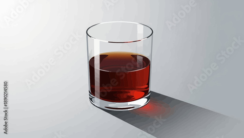 A glass of amber whiskey with ice on a surface, casting a shadow