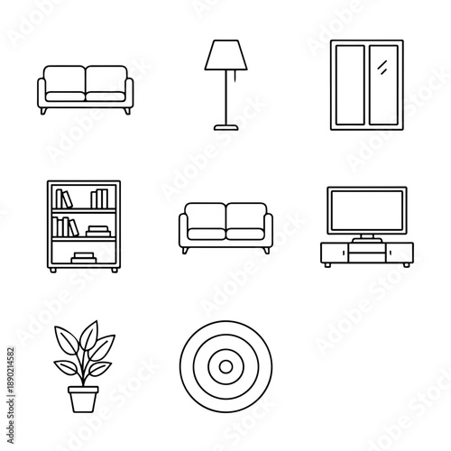 Modern Remote Work Furniture Icons for Home Office Setup – Minimalist Design Elements in a Cozy Environment