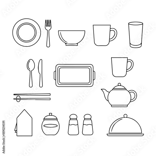 Dining Experience, Subject: Tableware Arrangement, Location: Home Kitchen, Content Type: Illustration, Environment: Minimalistic, Viewpoint: Top-Down, Concept: Dining Essentials