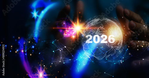 Wallpaper Mural Vision of Magical Year 2026 symbolized by glowing crystal ball held in human hands with magical sparkles, representing foresight, year 2026 goals, leadership, and strategic planning for the future. Torontodigital.ca