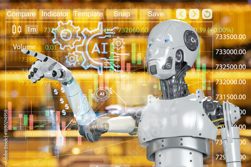 Wallpaper Mural A computer screen shows a graph of goal price a stock market with a robot pointing to a specific buying signal area. The robot is holding a pointer finger robot prediction gold price Torontodigital.ca