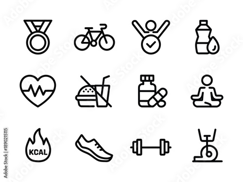 This vector icon set showcases health and fitness symbols for wellness