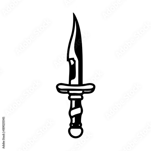 Bold black ink hunting knife with filled silhouette and leather handle on white background. Survival gear icon for army themed design and gaming assets