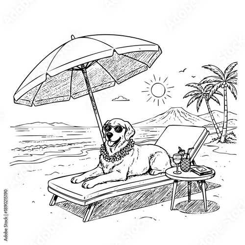 Happy dog wearing sunglasses and lei relaxing on lounge chair under umbrella. Pet lifestyle illustration for summer travel products and greeting cards