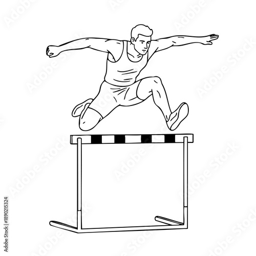 Man hurdler in mid-air clearing obstacle with arms extended on white background. Sports illustration for business motivation coaching and overcoming challenges concept