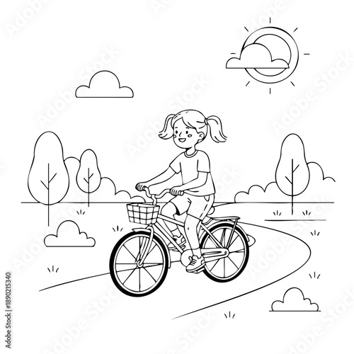 Cute cartoon girl cycling on a path in a sunny park with trees and clouds. Black and white outline illustration for children's coloring book or educational activity.