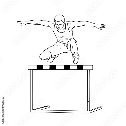 Male runner jumping over hurdle with arms spread wide on white background. Track and field illustration for achievement success and breaking barriers business concept