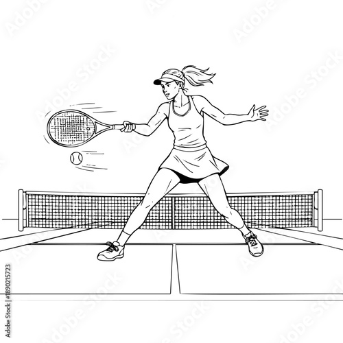 Woman athlete hitting ball with racket near net on white background. Sports illustration for tennis clubs fitness apps and women in sports campaigns